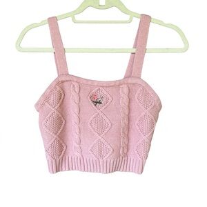 Almost‎ Famous Pink Knit Crop Top Size S Cable Knit Embroidery Y2K